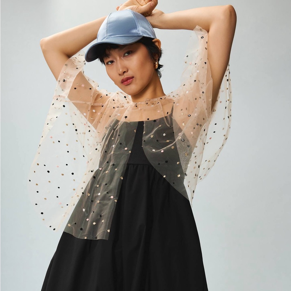 Anthropologie Self Contrast Sheer Tulle Dot Cape one size - Picture 3 of 9